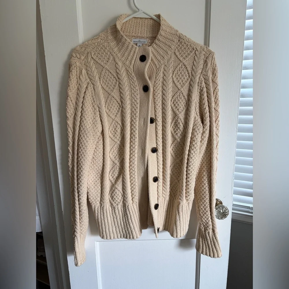 Women's Signature Cotton Fisherman Sweater, Short Cardigan, Cream - Picture 5 of 13
